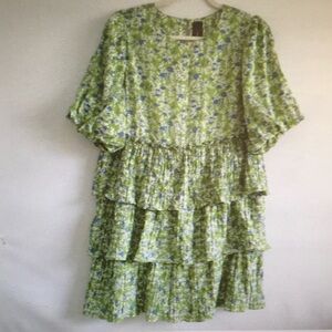 CODE x MODE/GREEN & PURPLE RUFFLE TIERD BABYDOLL KNEE LENGTH DRESS/NEW